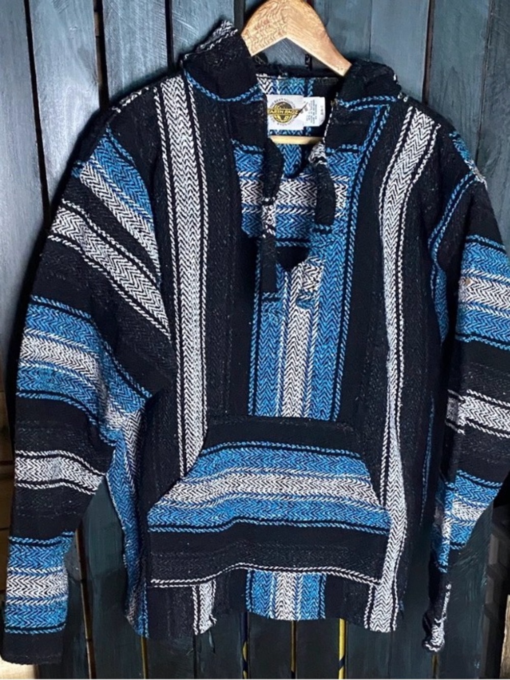 Earth Ragz Blue Black and white Baja Hoodie Sweatshirt size medium (oversize)